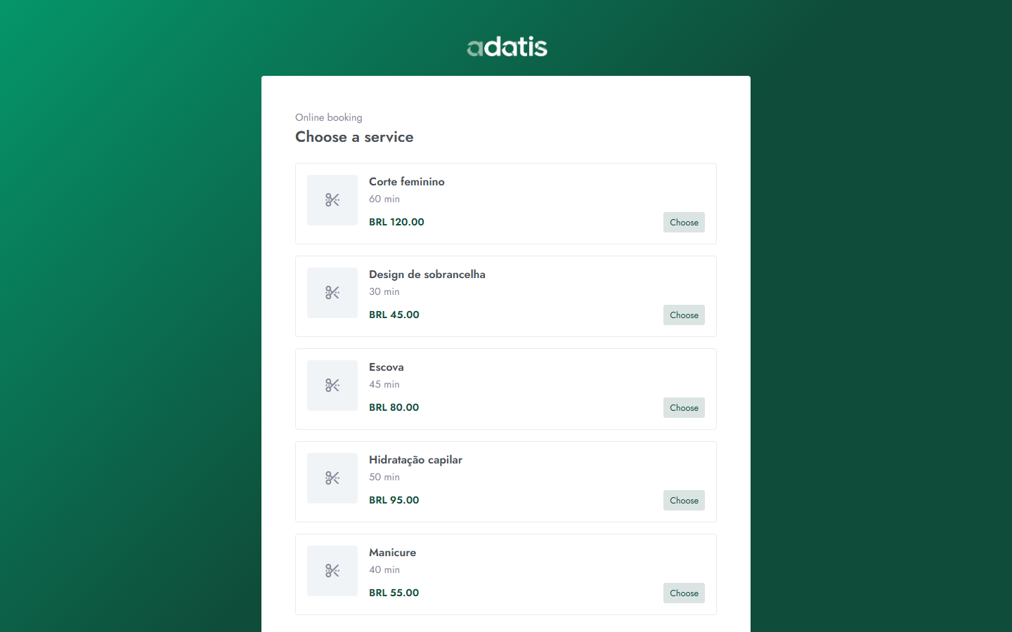 Online booking screen for clients