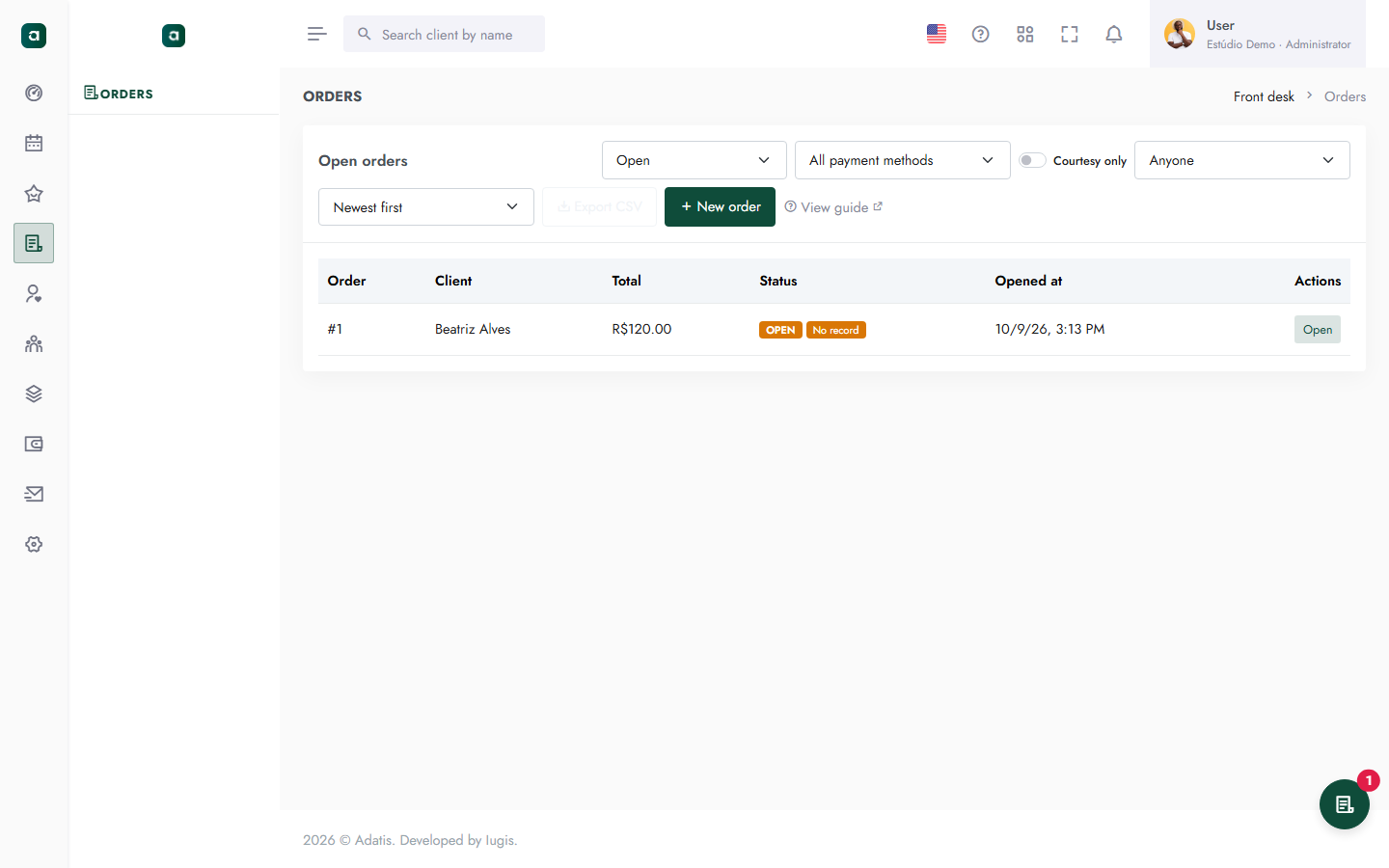 Open ticket in Adatis with service and total